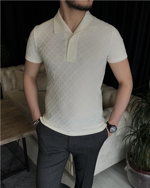 İtalyan stil slim fit kırlangıç yaka kısa kollu pamuk triko tişört Ekru T7400