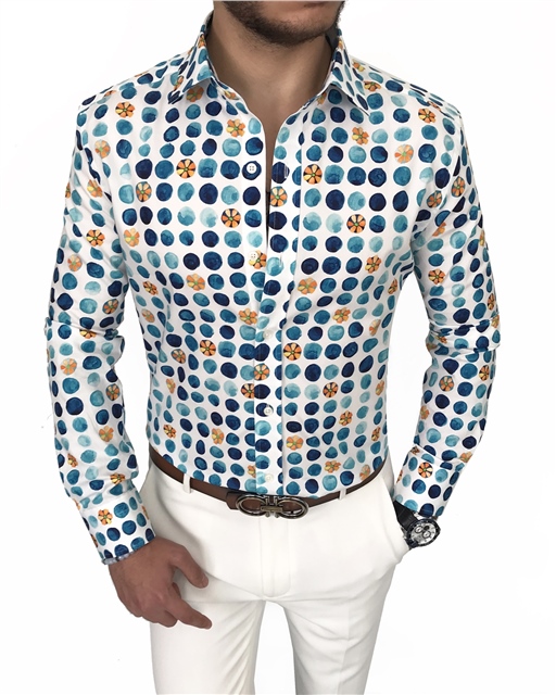 İtalyan stil slim fit kravat yaka erkek desenli pamuk gömlek Çok Renkli T7886