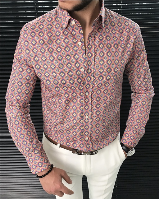 İtalyan stil slim fit kravat yaka erkek desenli pamuk gömlek Çok Renkli T7885