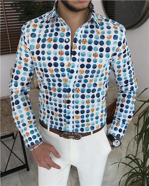 İtalyan stil slim fit kravat yaka erkek desenli pamuk gömlek Çok Renkli T7886