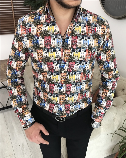 İtalyan stil slim fit kravat yaka erkek desenli pamuk gömlek Çok renkli T7888