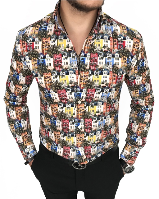 İtalyan stil slim fit kravat yaka erkek desenli pamuk gömlek Çok renkli T7888