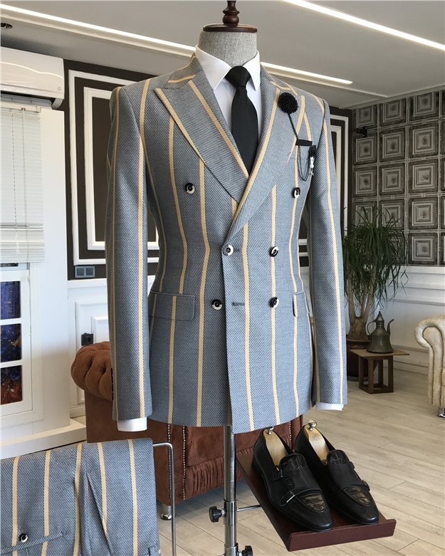 İtalyan stil slim fit kruvaze ceket pantolon takım elbise gri T6066