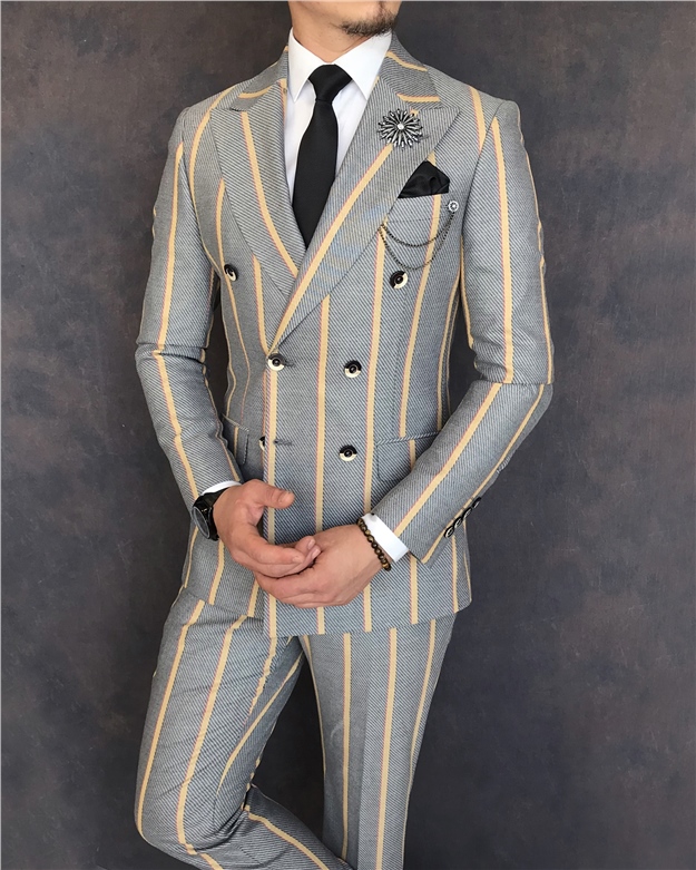 İtalyan stil slim fit kruvaze ceket pantolon takım elbise gri T6066