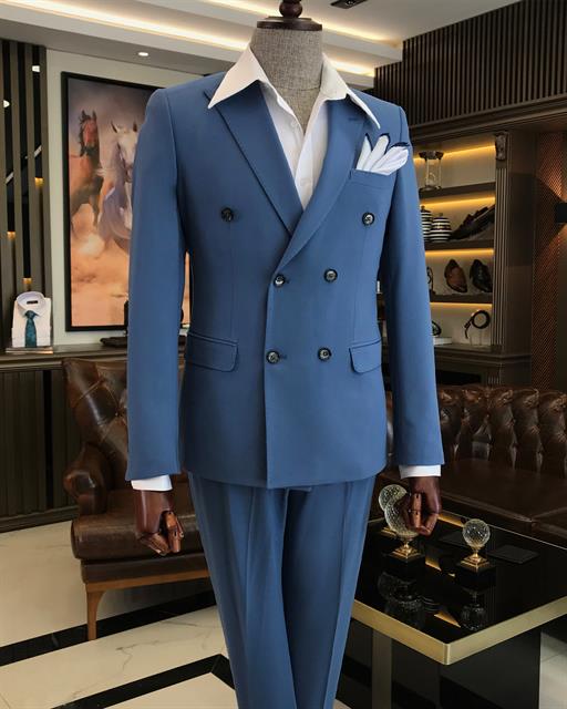 İtalyan stil slim fit kruvaze ceket pantolon takım elbise mavi T9548