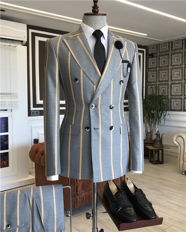 İtalyan stil slim fit kruvaze ceket pantolon takım elbise gri T6066