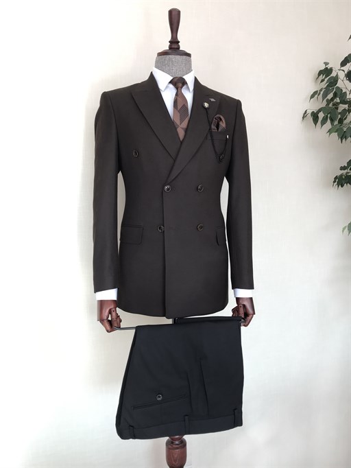 İtalyan stil slim fit kruvaze erkek tek ceket Kahverengi T8761