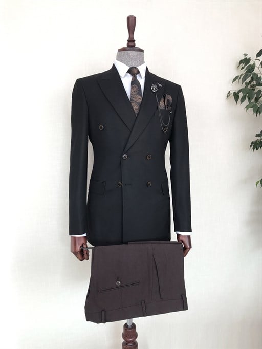 İtalyan stil slim fit kruvaze erkek tek ceket Siyah T8755