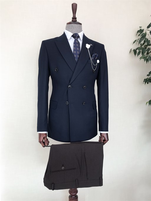 İtalyan stil slim fit kruvaze erkek tek ceket Lacivert T8756