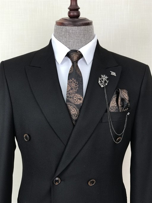 İtalyan stil slim fit kruvaze erkek tek ceket Siyah T8755