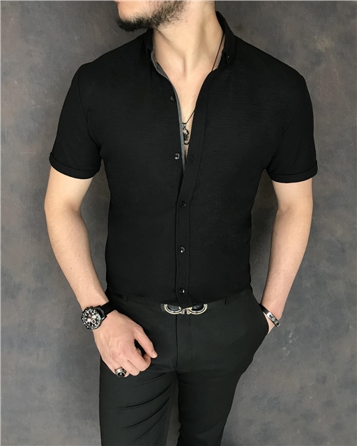 İtalyan stil slim fit küçük yaka kısa kollu gömlek Siyah T7112