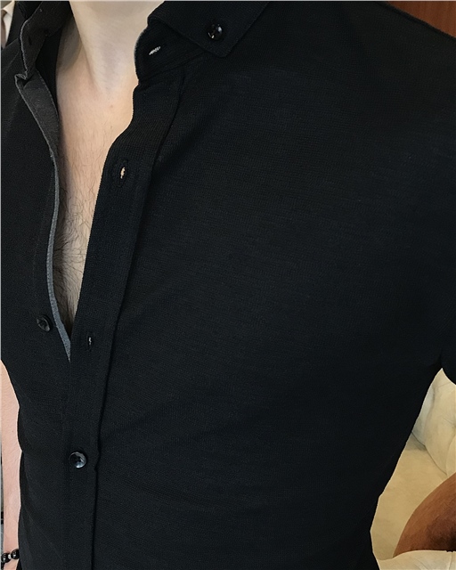 İtalyan stil slim fit küçük yaka kısa kollu gömlek Siyah T7112