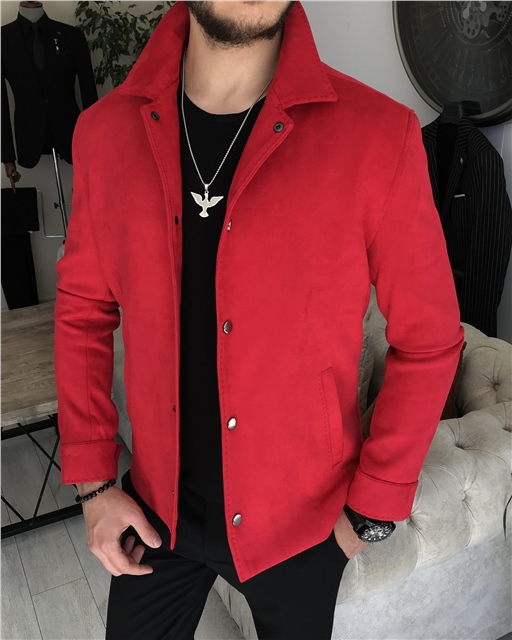İtalyan stil slim fit mevsimlik erkek süet mont ince ceket Kırmızı T8245