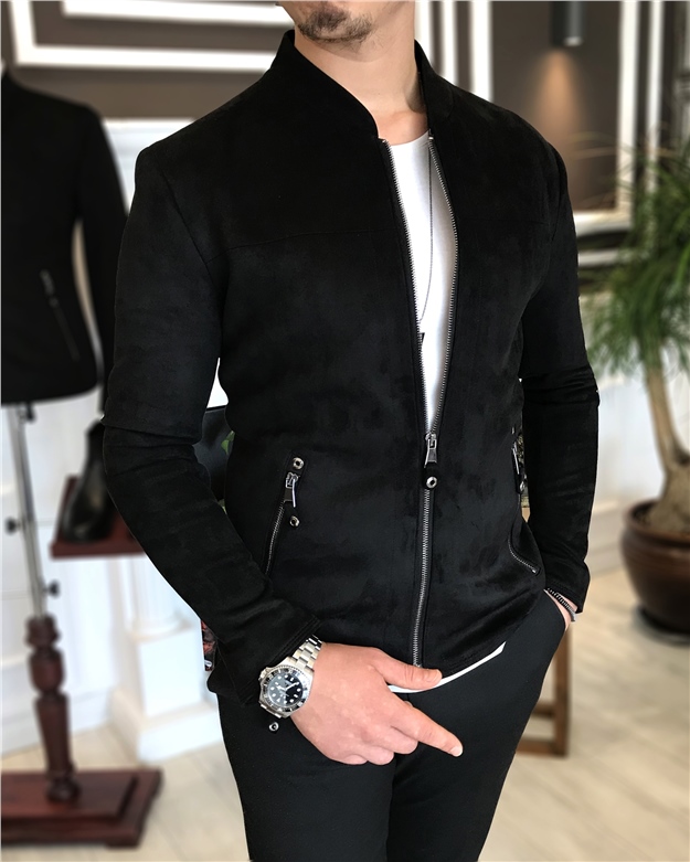 İtalyan stil slim fit mevsimlik erkek süet mont ince ceket Siyah T4907
