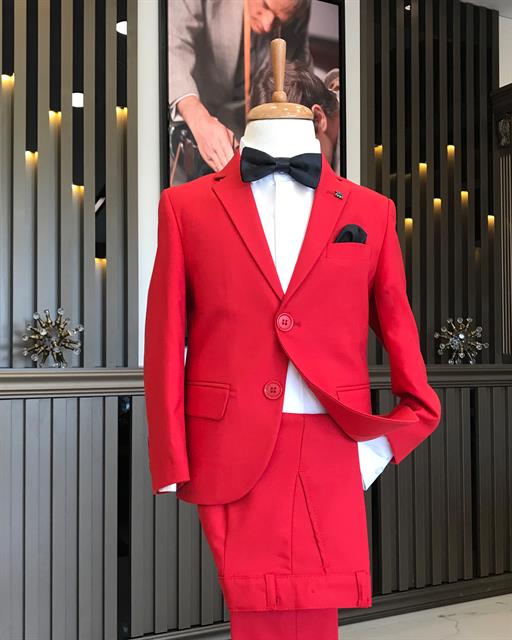 İtalyan stil slim fit mono yaka ceket pantolon çocuk takım elbise set Kırmızı T8654