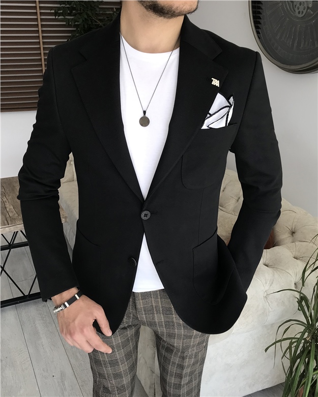 İtalyan stil slim fit mono yaka erkek ceket Siyah T8055
