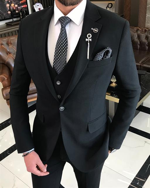 Italian style slim fit cotton blended jacket vest pant suit black T9364