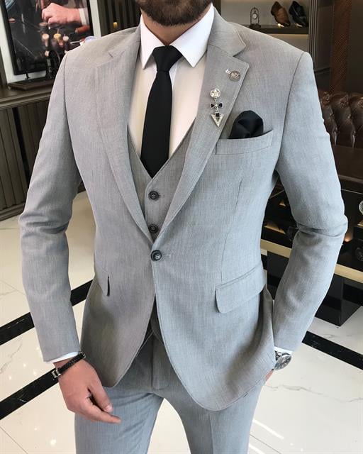 İtalyan stil slim fit pamuk karışımlı ceket yelek pantolon takım elbise gri T9365