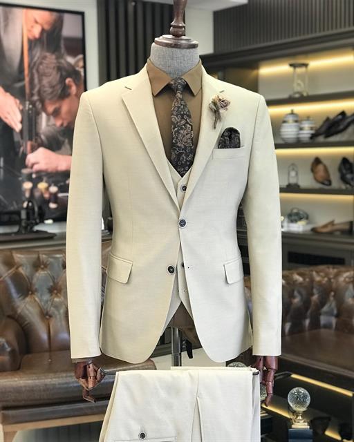 İtalyan stil slim fit pamuk keten karışımlı ceket yelek pantolon takım elbise bej T9367