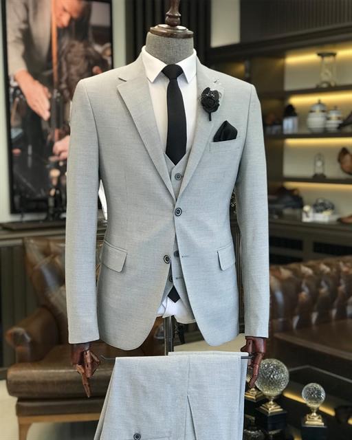 İtalyan stil slim fit pamuk keten karışımlı ceket yelek pantolon takım elbise gri T9369