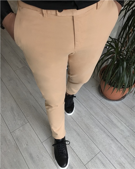 İtalyan stil slim fit erkek kanvas pantolon Açık Turuncu  T5829
