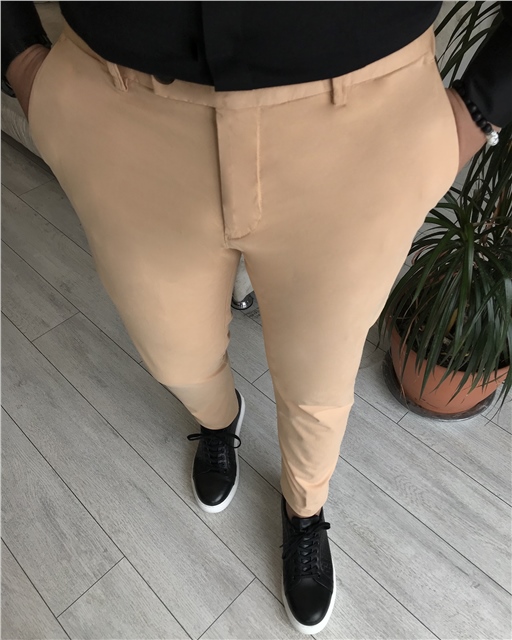 İtalyan stil slim fit erkek kanvas pantolon Açık Turuncu  T5829