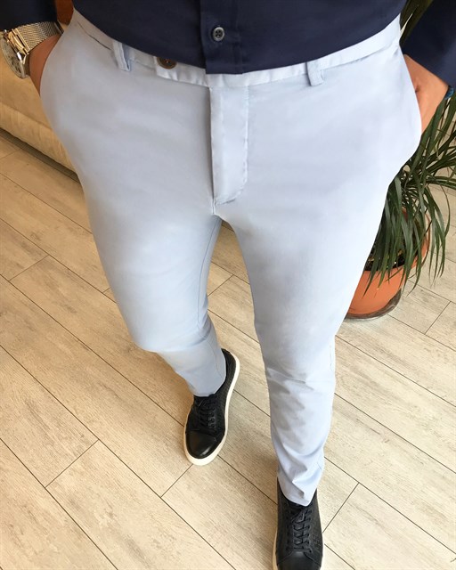 Italian Style Slim Fit Cotton Canvas Canvas Linen Pants Ice Blue T5830