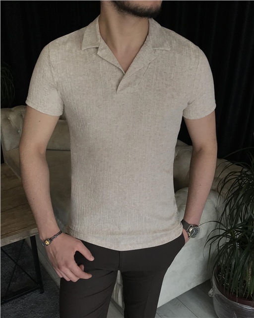 İtalyan stil slim fit polo yaka kısa kollu pamuk triko tişört bej T7406