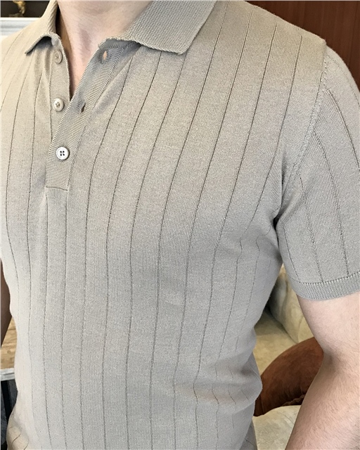 İtalyan stil slim fit polo yaka kısa kollu triko tişört Bej T7104