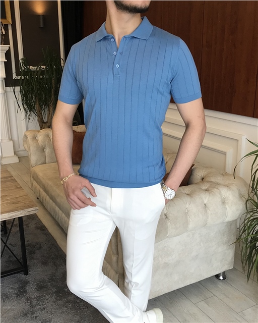 İtalyan stil slim fit polo yaka kısa kollu triko tişört Mavi T7101