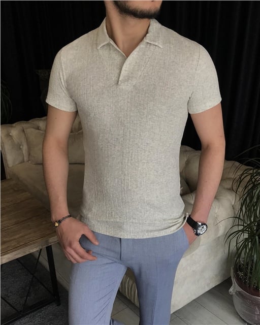 İtalyan stil slim fit polo yaka kısa kollu pamuk triko tişört Gri T7407