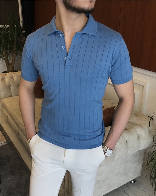 İtalyan stil slim fit polo yaka kısa kollu triko tişört Mavi T7101