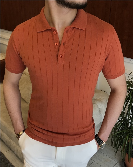 İtalyan stil slim fit polo yaka kısa kollu triko tişört Turuncu T7102