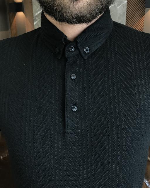 Italian style slim fit polo collar cotton t-shirt black T9380