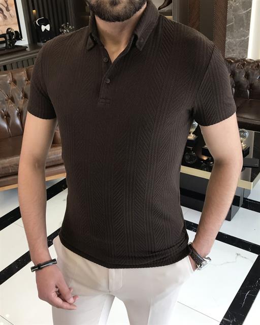 Italian style slim fit polo collar cotton t-shirt brown T9381