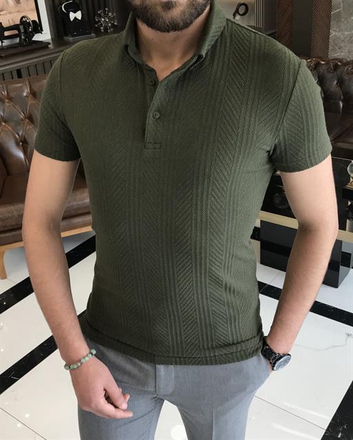 Italian style slim fit polo collar cotton t-shirt khaki T9378