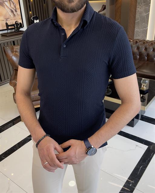 Italian style slim fit polo collar cotton t-shirt navy blue T9383