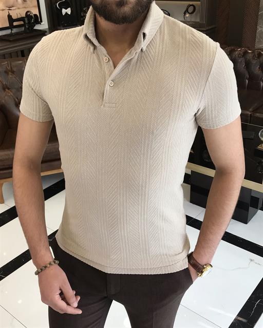 Italian style slim fit polo collar cotton t-shirt beige T9382