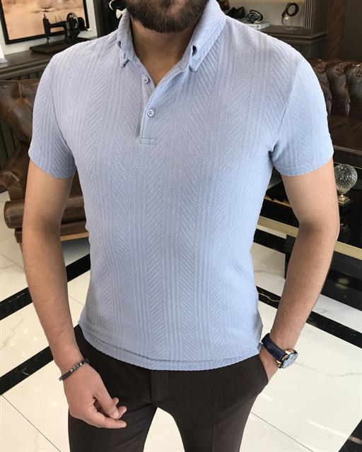 Italian style slim fit polo collar cotton t-shirt blue T9377