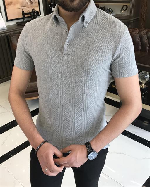Italian style slim fit polo collar cotton t-shirt gray T9379