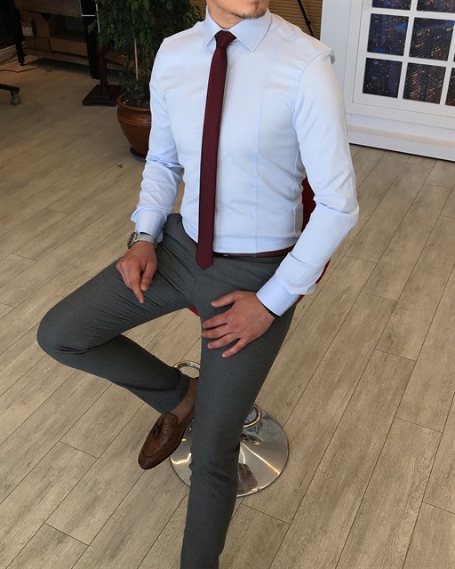 İtalyan stil slim fit saten kravat yaka gömlek B.Mavisi T4773