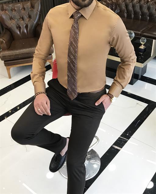 Italian style slim fit 100% cotton men's tie collar shirt mustard T9429