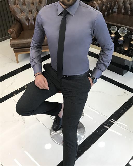 Italian style slim fit 100% cotton men's tie collar shirt Gray T9427