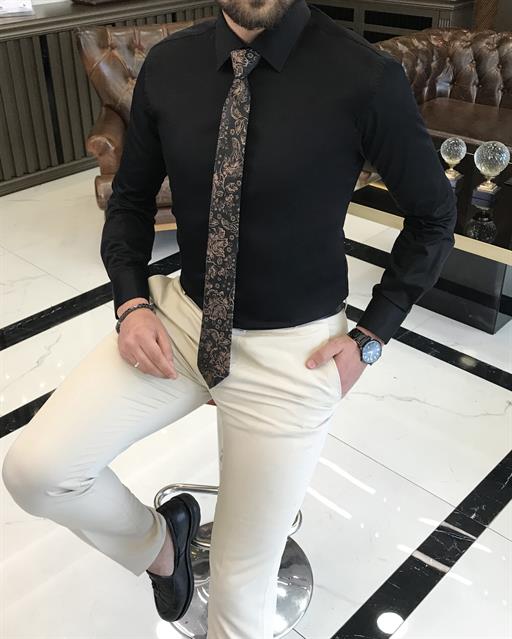 Italian style slim fit cotton men's tie collar shirt black T9422
