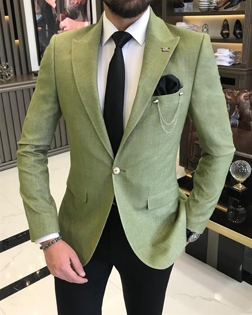 Italian style slim fit pointed collar men's single jacket green T9201