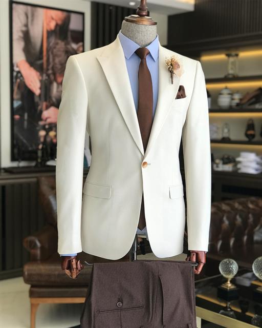 Italian style slim fit pointed collar men's single jacket ecru T9205