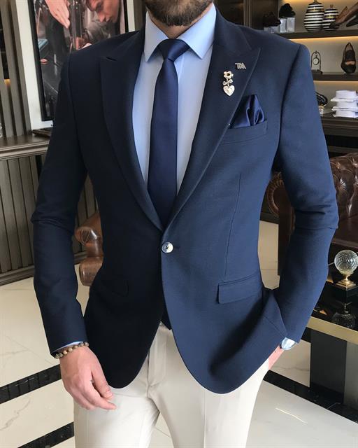 Italian style slim fit pointed collar men's single jacket navy blue T9198