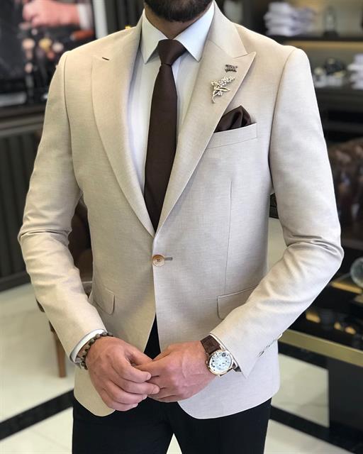 Italian style slim fit pointed collar men's single jacket beige T9206