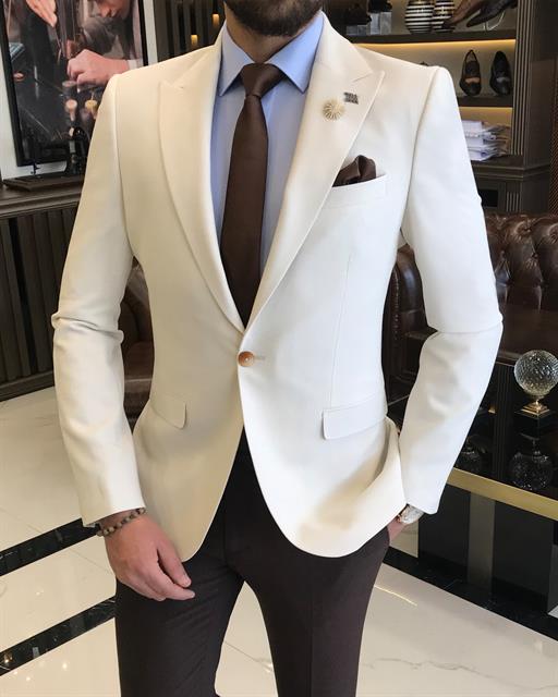 Italian style slim fit pointed collar men's single jacket ecru T9205