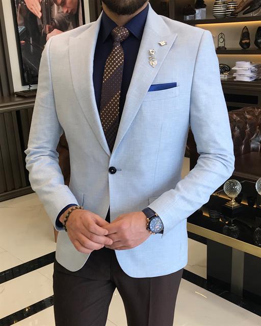 Italian style slim fit pointed collar men's single jacket blue T9203